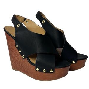 Soda Black Leather Wedge Sandals